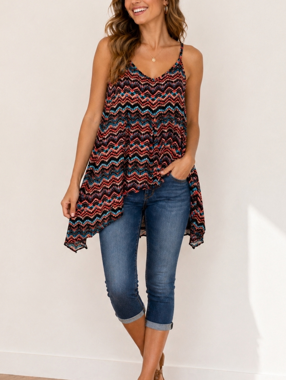 LILY ROSE Multi Chevron Spaghetti-Strap Swing Top